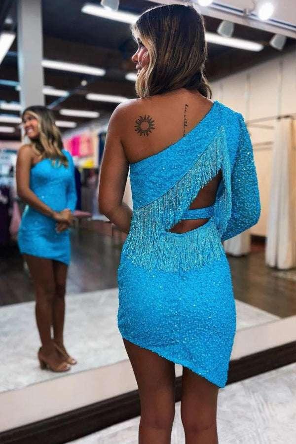 Cute Spakrly One Shoulder Sequins Pink Homecoming Dresses - Image 4