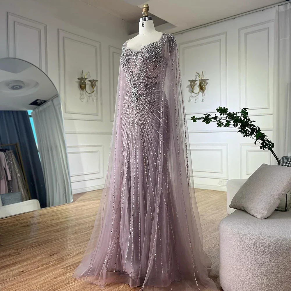 Dubai Luxury Nude Cape Sleeves Beaded Evening Dress LA72575A - Image 10