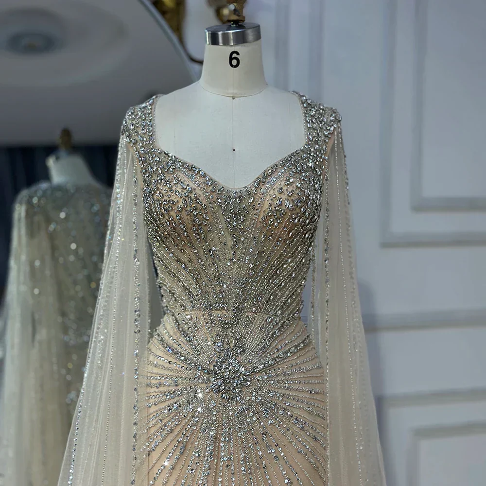 Dubai Luxury Nude Cape Sleeves Beaded Evening Dress LA72575A - Image 15