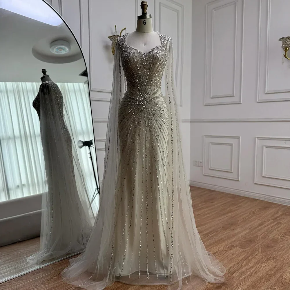 Dubai Luxury Nude Cape Sleeves Beaded Evening Dress LA72575A - Image 8