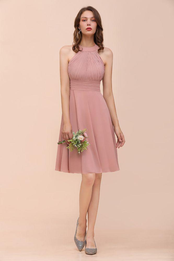 Dusty Pink Knee Length Bridesmaid Dress Halter Chiffon Maid of Honor Dress - Image 5