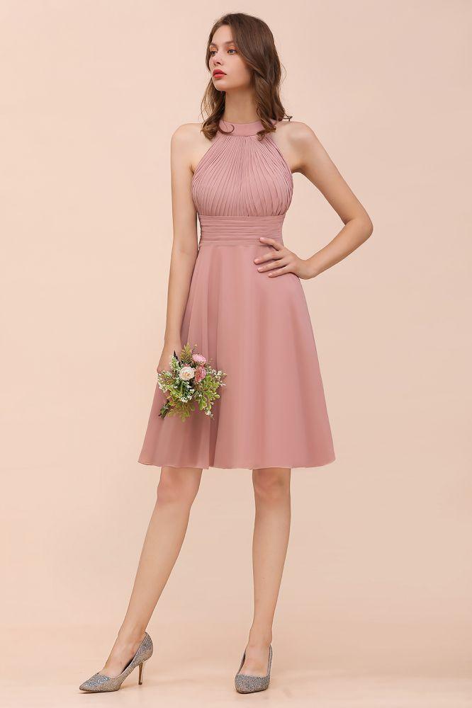 Dusty Pink Knee Length Bridesmaid Dress Halter Chiffon Maid of Honor Dress - Image 6