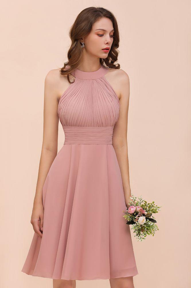 Dusty Pink Knee Length Bridesmaid Dress Halter Chiffon Maid of Honor Dress - Image 8
