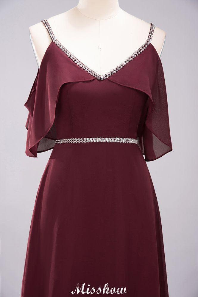 elegant A-line Chiffon V-Neck Spaghetti Straps Sleeveless Floor-Length Bridesmaid Dresses with Beading - Image 4