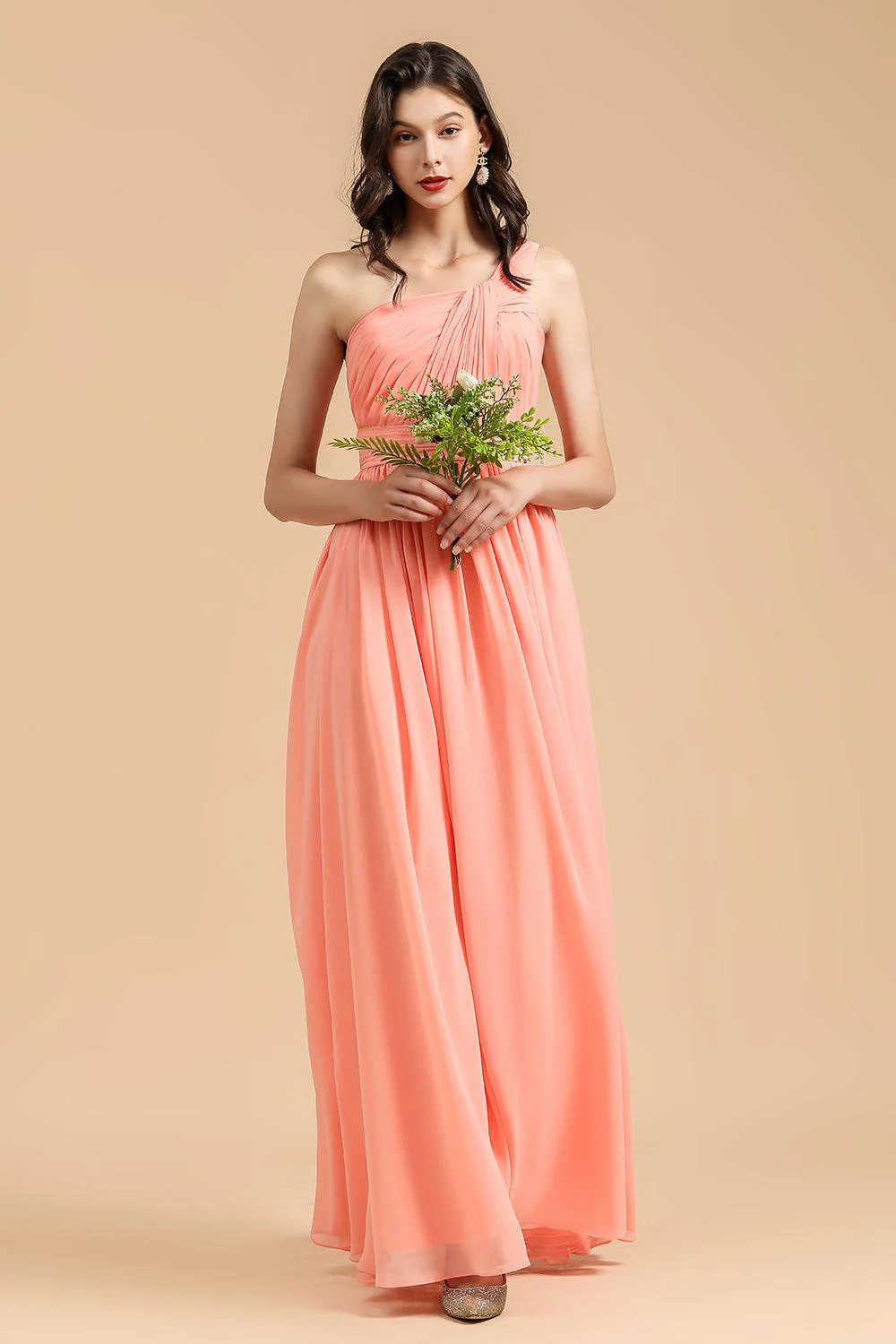 Elegant A-line One Shoulder Coral Chiffon Long Bridesmaid Dress - Image 6