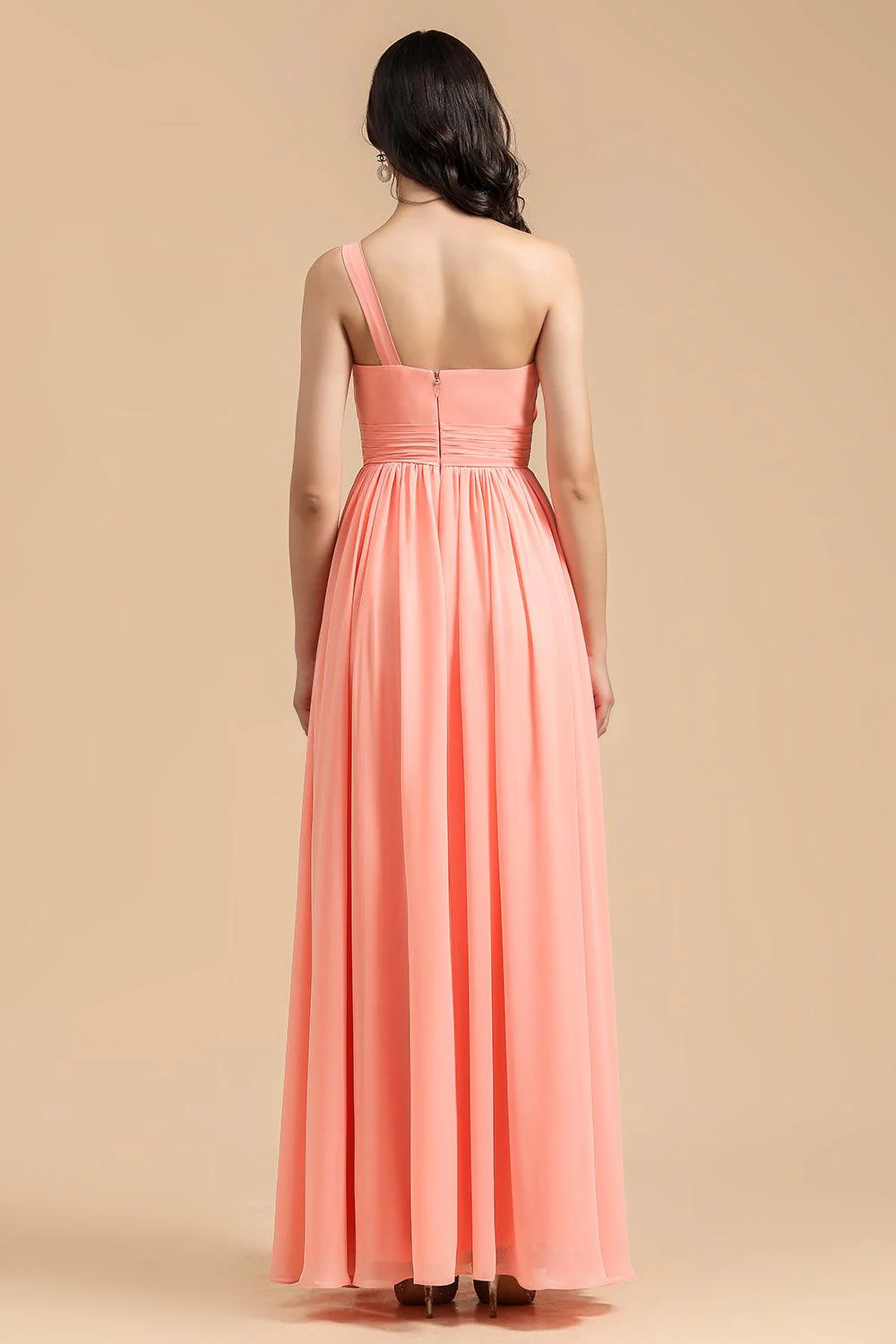 Elegant A-line One Shoulder Coral Chiffon Long Bridesmaid Dress - Image 8