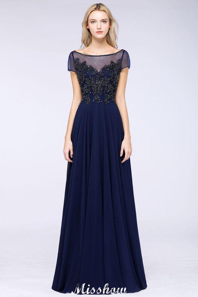 Elegant A-Line Short Sleeve Appliques Beads Bridesmaid Dresses Floor-Length Evening Dress - Image 3