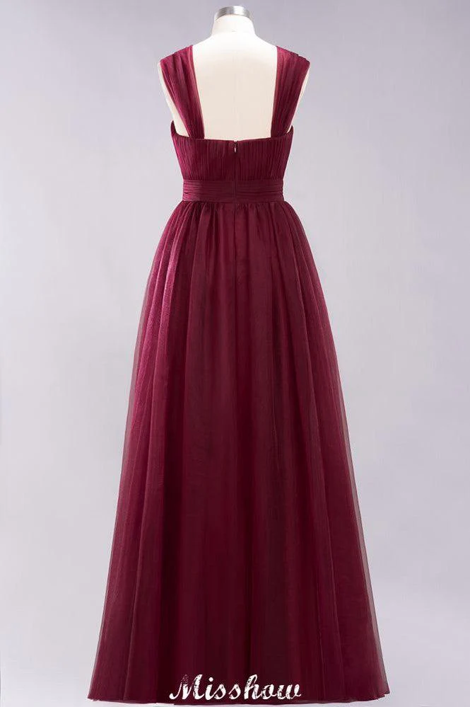 Elegant aline Sleeveless Tulle Evening Maxi Gown Burgundy Straps Bridesmaid Dress - Image 7