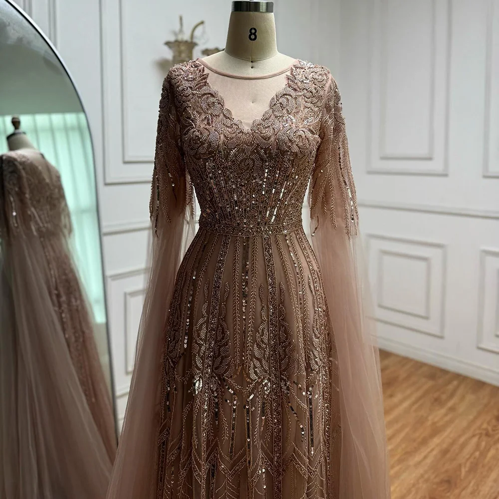 Elegant Beaded A-Line Evening Dress with Cape Sleeves - Image 10