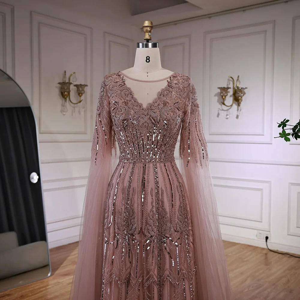 Elegant Beaded A-Line Evening Dress with Cape Sleeves - Image 11