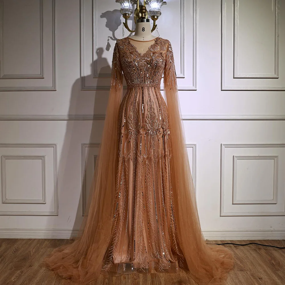 Elegant Beaded A-Line Evening Dress with Cape Sleeves - Image 7