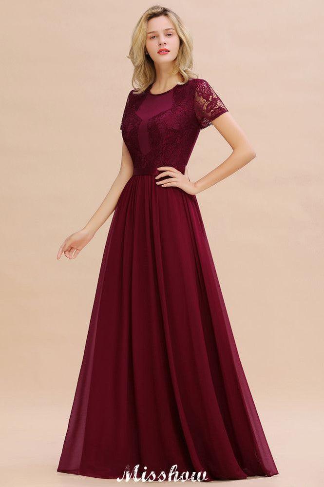 Elegant Chiffon Lace Jewel Short Sleeves Floor-Length A-Line Bridesmaid Dress - Image 6