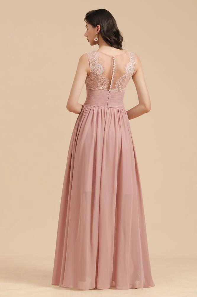 Elegant Dusty Pink Sleeveless Floral Lace Bridesmaid Dress Side Split Party Dress - Image 2