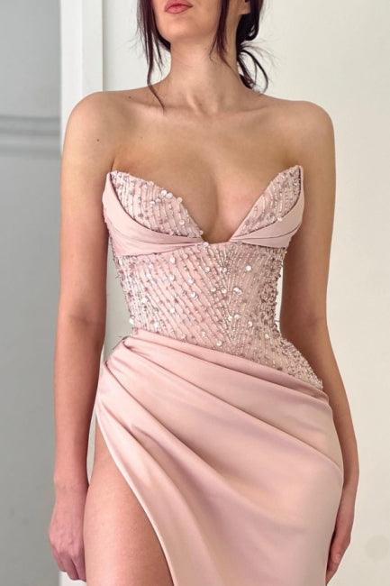Elegant Peach V-neck Mermaid Evening Dresses Long Simple Prom Dresses With Slit - Image 3