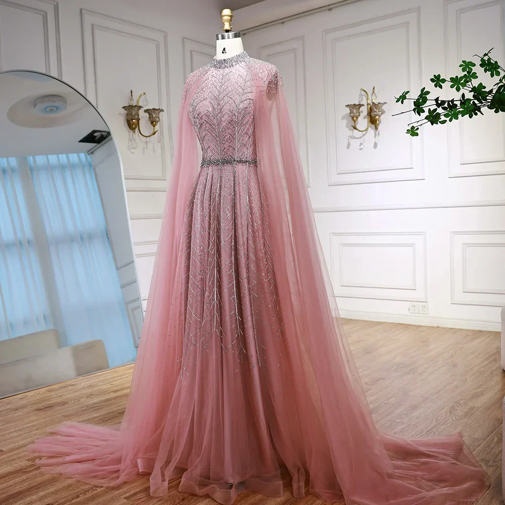 Luxury Elegant Pink Beaded Evening Dress with Cape - Image 4
