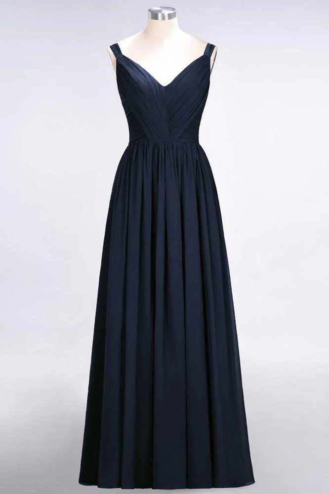 Elegant V-Neck Strap Backless Ruffles Chiffon Floor-Length Bridesmaid Dress - Image 34