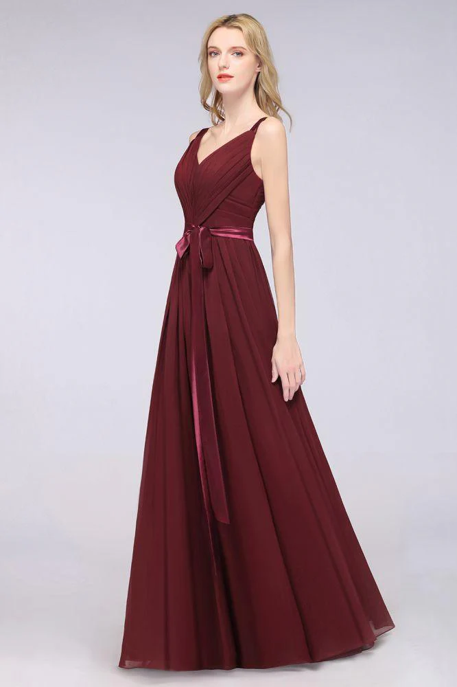 Elegant V-Neck Strap Backless Ruffles Chiffon Floor-Length Bridesmaid Dress - Image 42