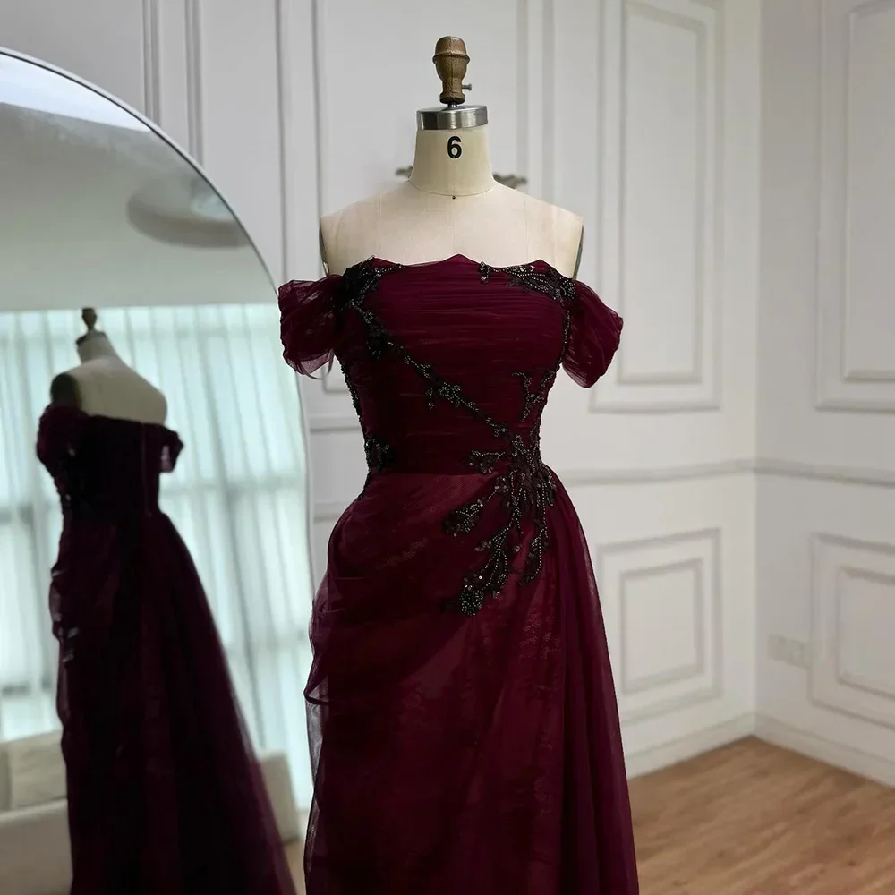 Elegant Wine Red Off Shoulder Lace Evening Dress with Appliques - Image 3