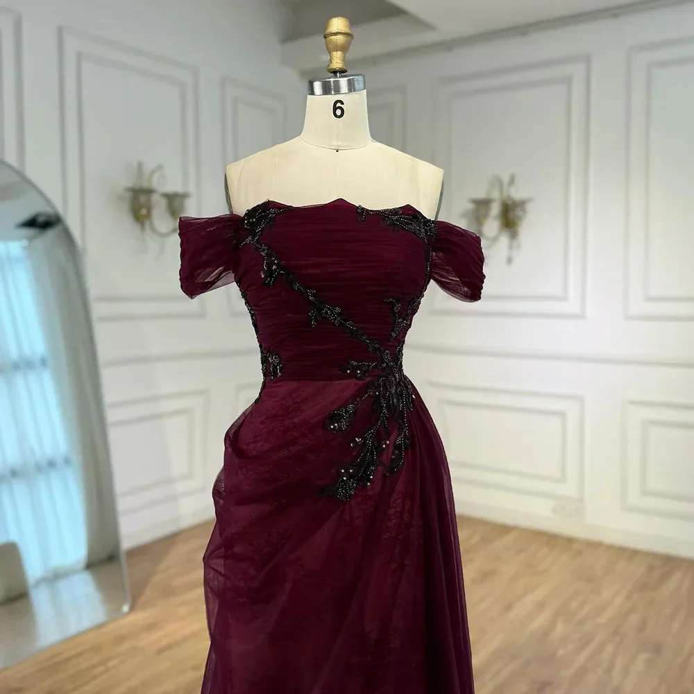 Elegant Wine Red Off Shoulder Lace Evening Dress with Appliques - Image 7