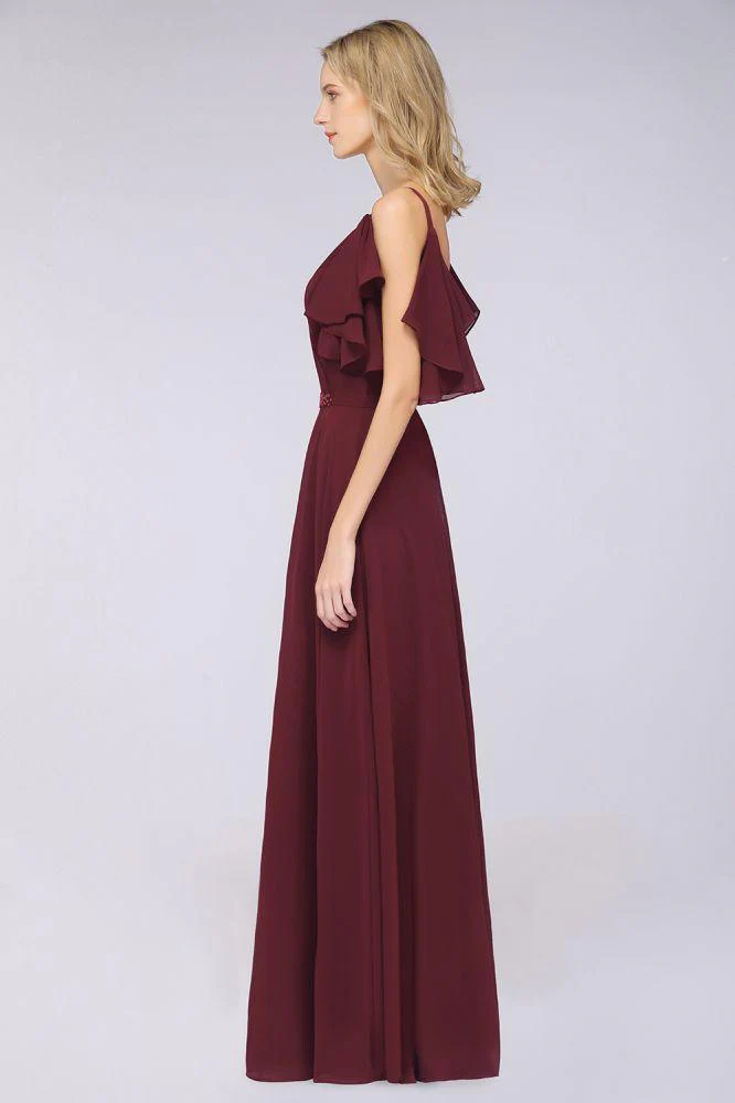 Elgant Ruffles Chiffon Floor-Length Bridesmaid Dress Aline Pearls Sleeveless Wedding Party Dress - Image 4