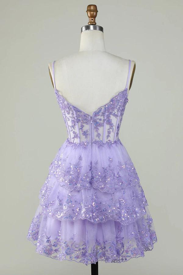 Glitter Lace Corset Ruffle Tiered Lavender Homecoming Dress - Image 3