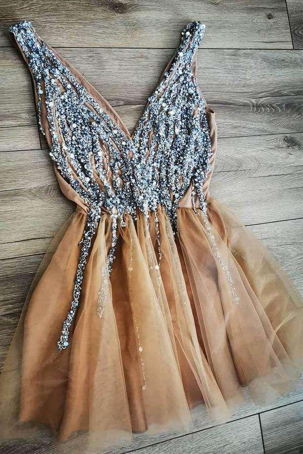 Gorgeous V Neck Peach Homecoming Dress Party Dress with Pearls