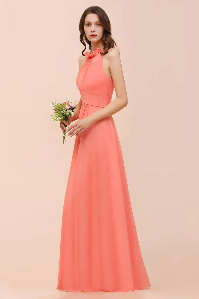 halter Beach Bridesmaid Dress Girls Coral Floor Length Wedding Party Dress - Image 4