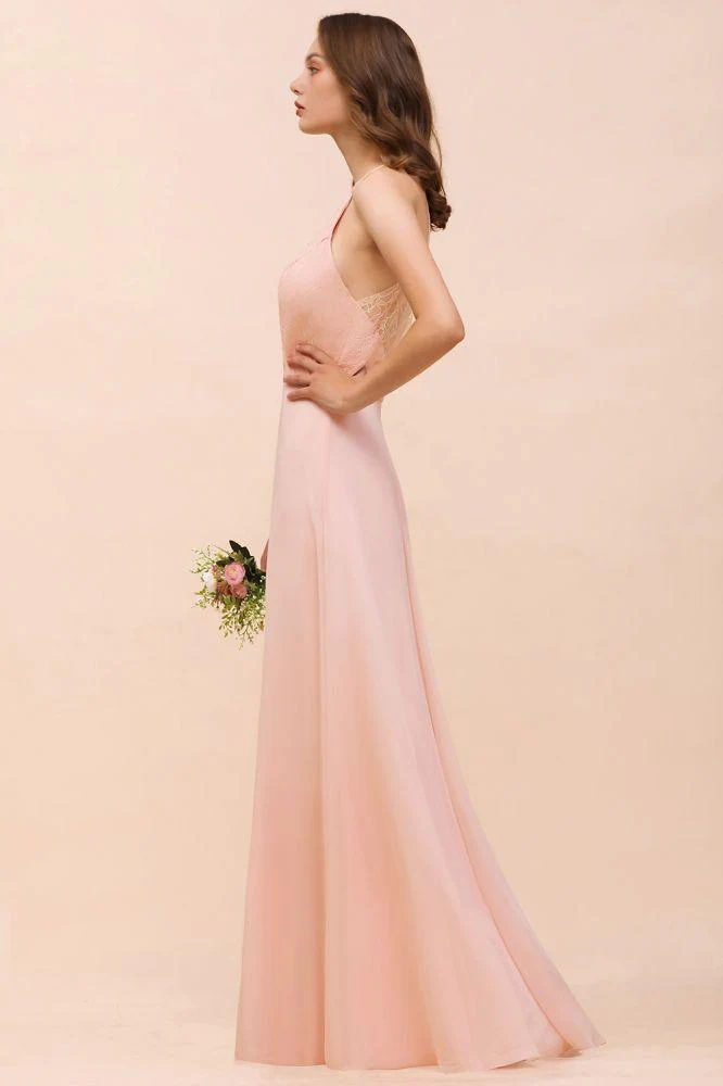 Halter Bridesmaid Dress Pink Floor Length Formal Event Dress - Image 6