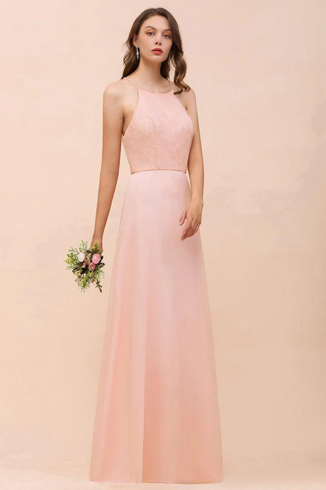Halter Bridesmaid Dress Pink Floor Length Formal Event Dress - Image 8