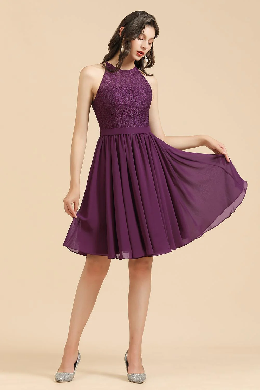 Halter Lace Bridesmaid Dress Chiffon Sleeveless Short Dress - Image 5