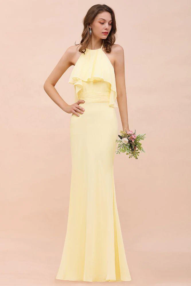Halter Mermaid Chiffon Girls Bridesmaid Dress Yellow Floor length Beach Wedding Dress - Image 3