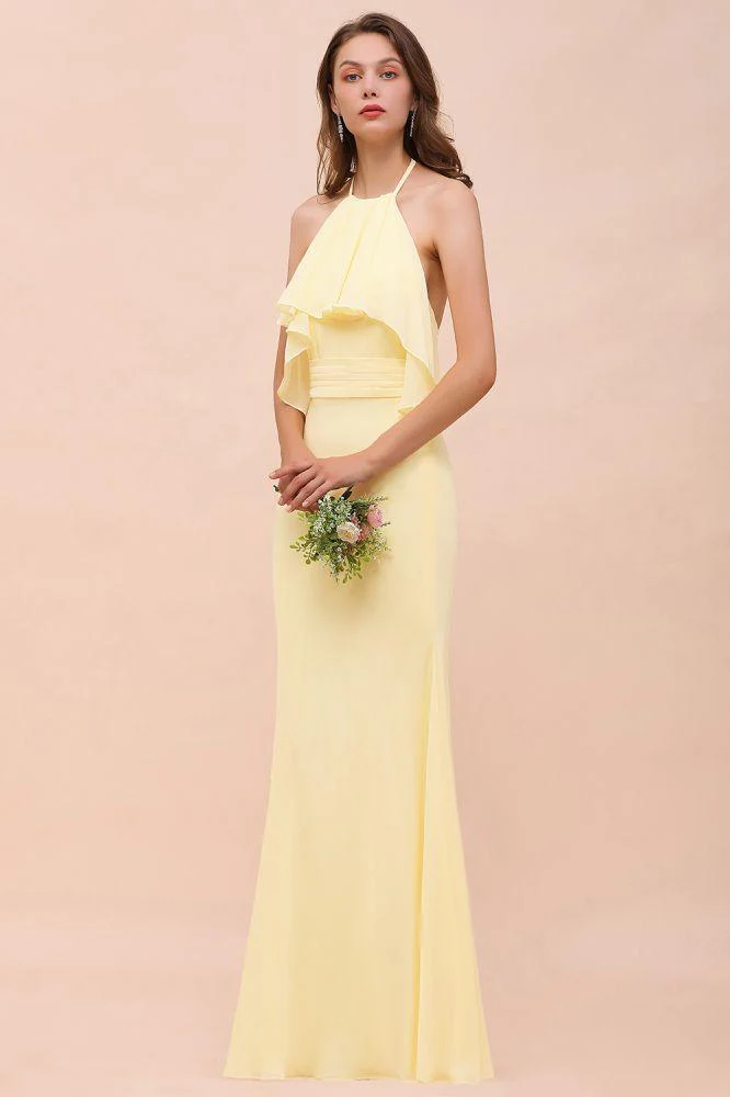 Halter Mermaid Chiffon Girls Bridesmaid Dress Yellow Floor length Beach Wedding Dress - Image 4