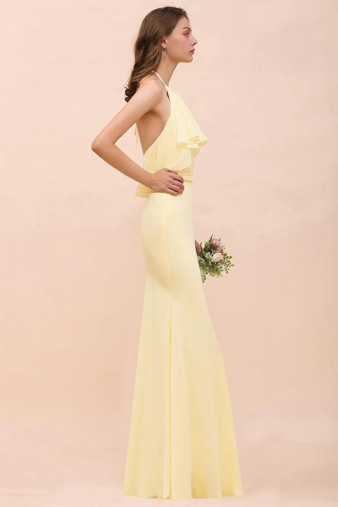 Halter Mermaid Chiffon Girls Bridesmaid Dress Yellow Floor length Beach Wedding Dress - Image 6