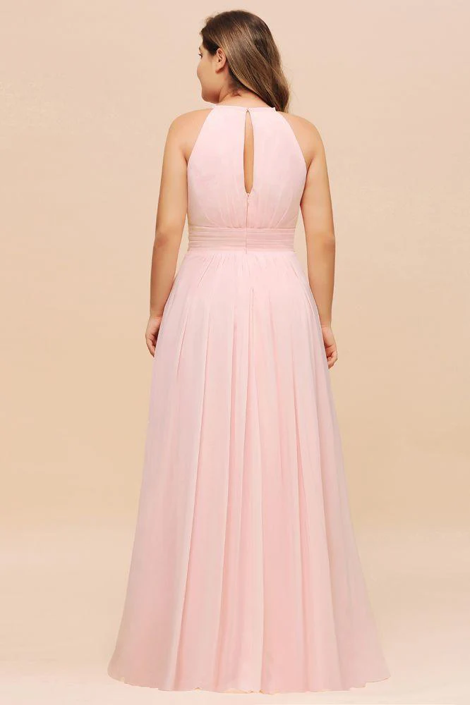 Halter Pink Bridesmaid Dress Plus Size Chiffon Wedding party Dress for Girls - Image 2