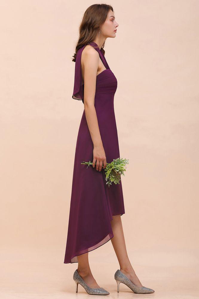 Halter Purple Hi-Lo Bridesmaid Dress Chiffon Cocktail Party Dress - Image 6