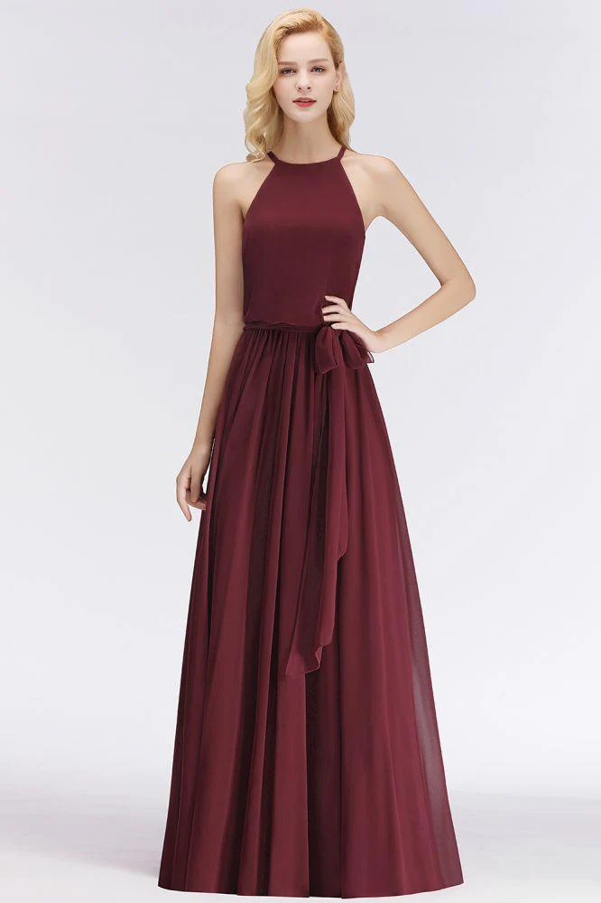 Halter Sleeveless A-line Burgundy Ruffles Chiffon Bridesmaid Dresses - Image 3
