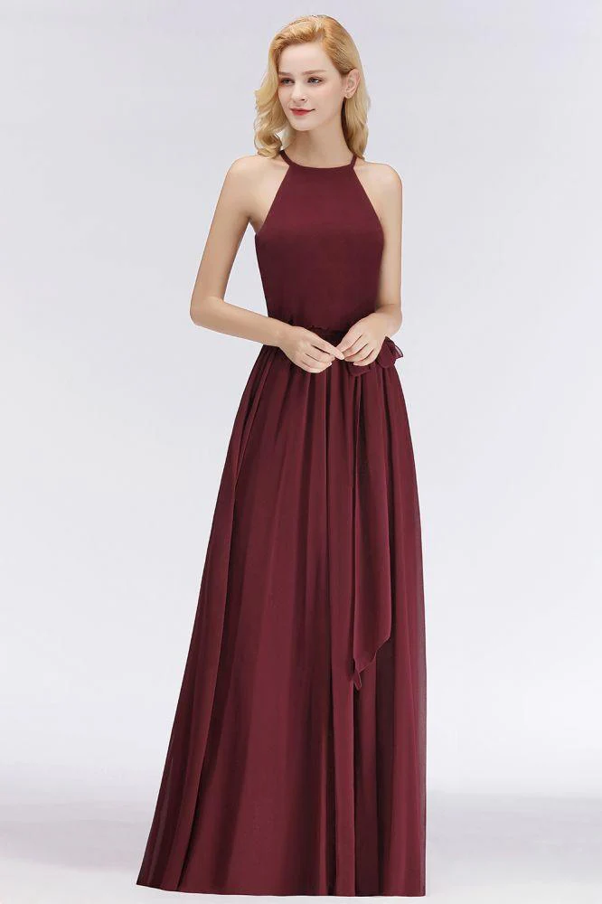 Halter Sleeveless A-line Burgundy Ruffles Chiffon Bridesmaid Dresses - Image 7
