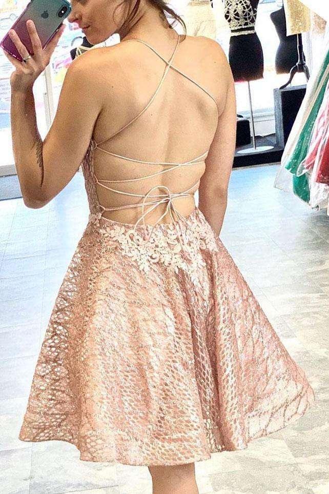 Numbersea Lace Short Prom Dress Homecoming Dress with Criss Cross Back - Image 3