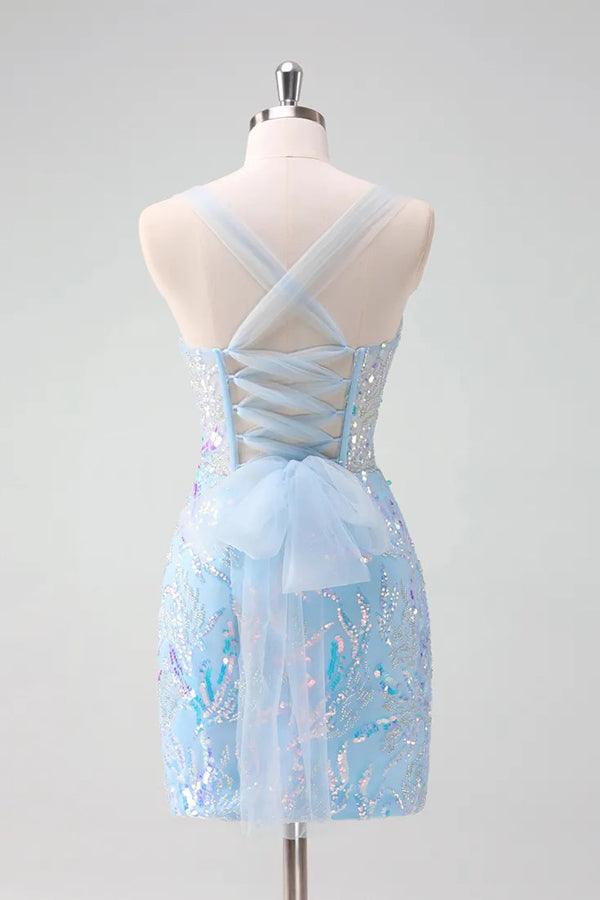 Light Blue Sequined Embroidery Tight Corset Homecoming Dress - Image 4