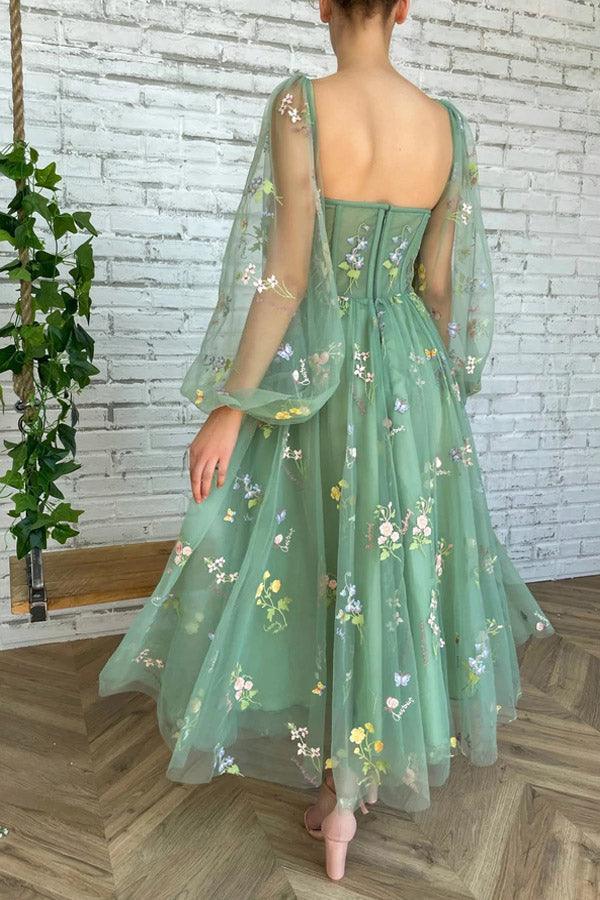 Light Green Embroidered Tulle dress Evening Dress Puffy Long Sleeve - Image 4