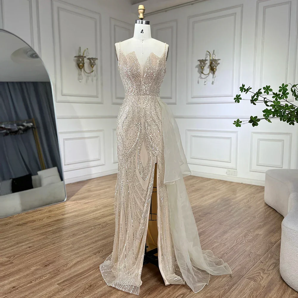 Light Pink Spaghetti Strap Mermaid Evening Dress with Beaded Overskirt - Image 7