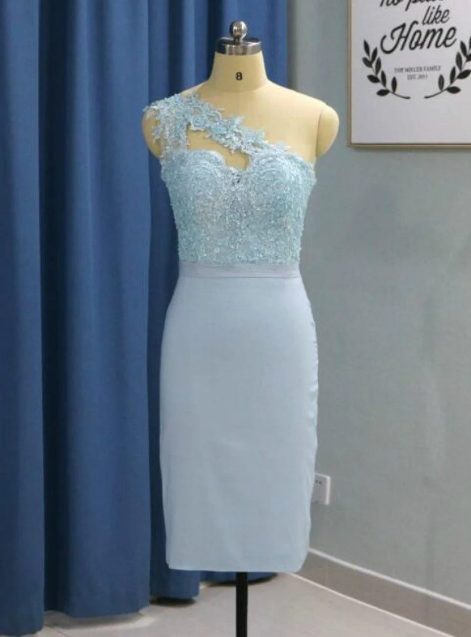 Light Sky Blue Short Knee Length One Shoulder Homecoming Dresses - Image 2