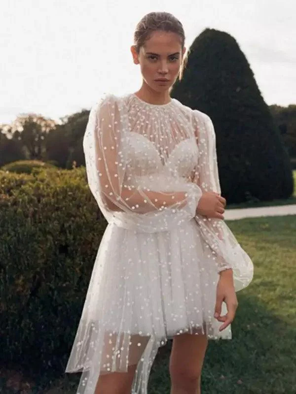 Short Wedding Dress Round Neck Long Sleeve Buttoned on the Back Princess Gown Dot Satin Mermaid Bow Satin Court Train Sleeves White Modern Bridal Vestido De Novia - Image 3
