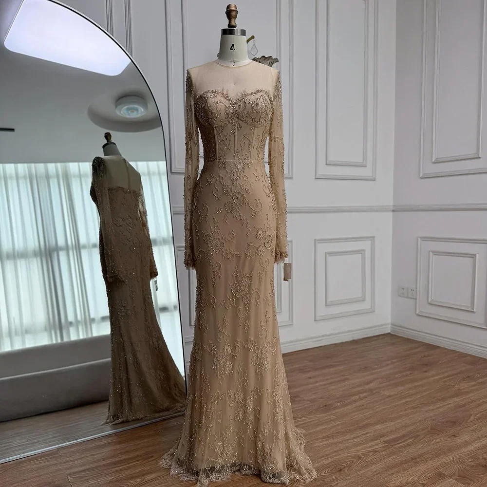 Luxury Arabic Lace Beaded Mermaid Evening Dress with Sleeves - Image 8