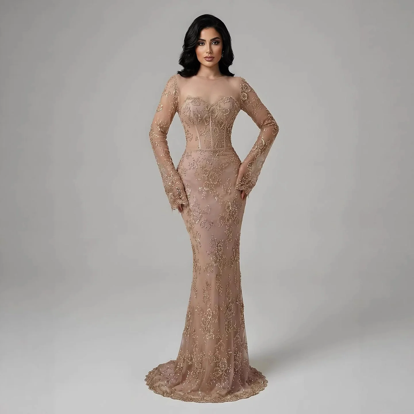 Luxury Arabic Lace Beaded Mermaid Evening Dress with Sleeves - Image 9