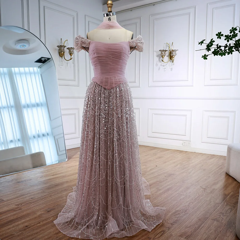 Luxury Arabic Pink Pearls Beaded Evening Dress With Cape - Image 10
