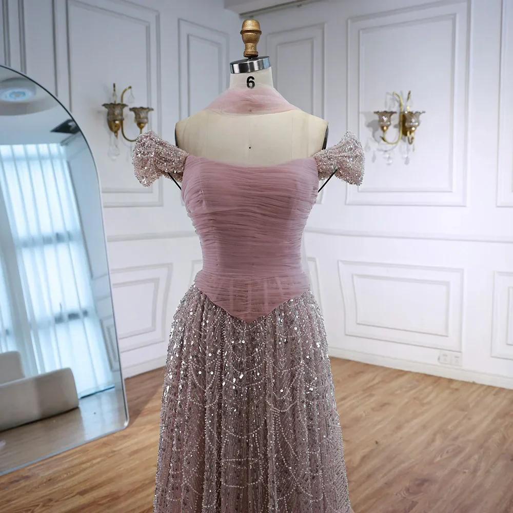 Luxury Arabic Pink Pearls Beaded Evening Dress With Cape - Image 13