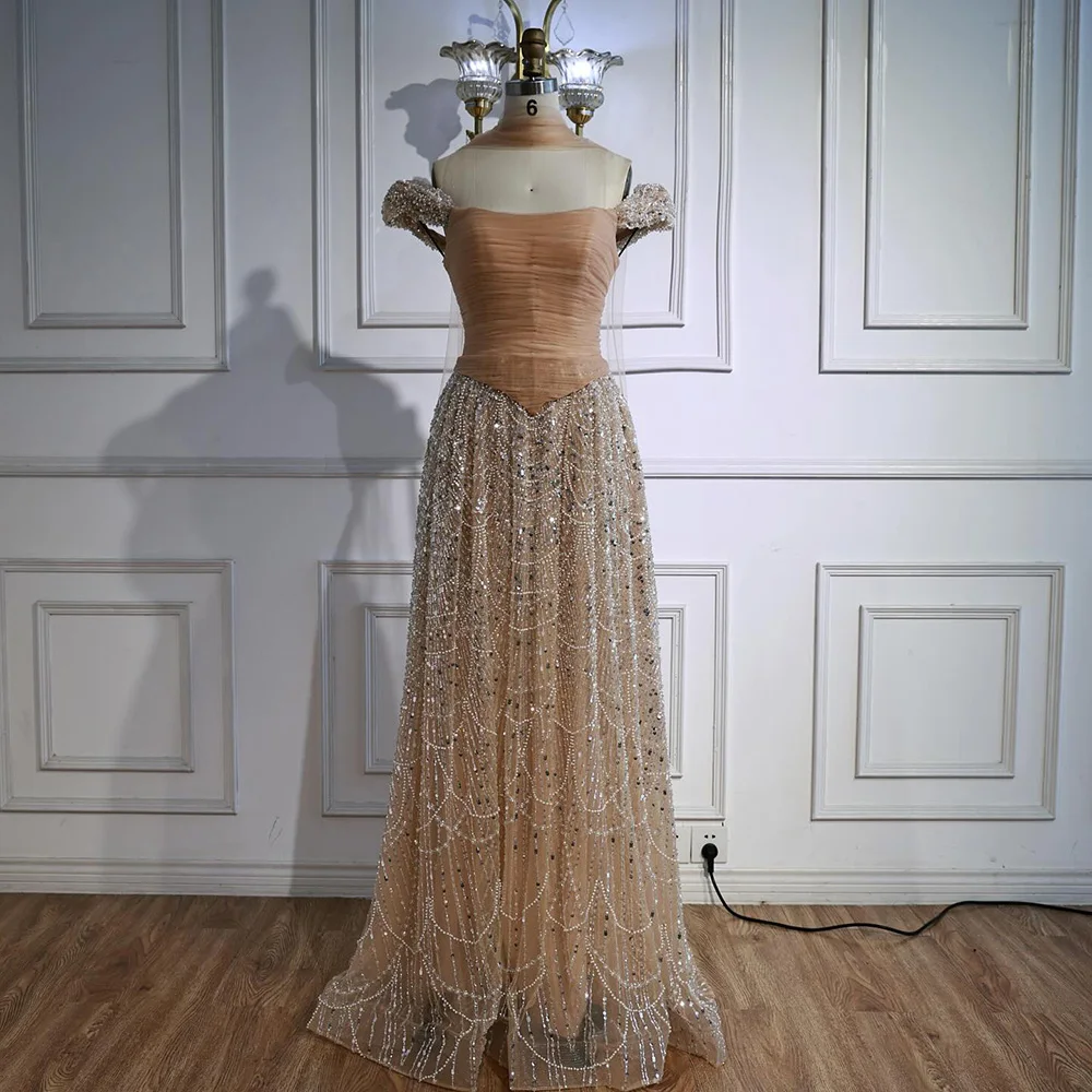 Luxury Arabic Pink Pearls Beaded Evening Dress With Cape - Image 17