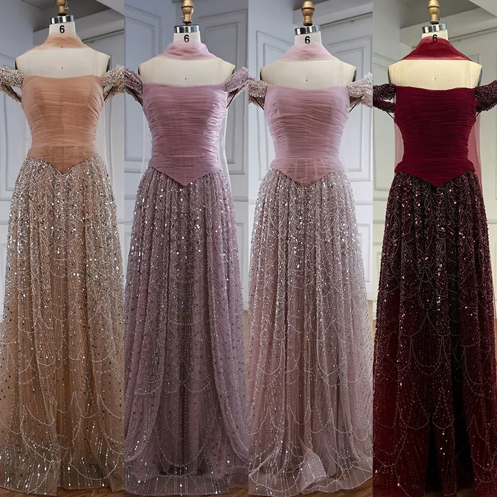 Luxury Arabic Pink Pearls Beaded Evening Dress With Cape - Image 3