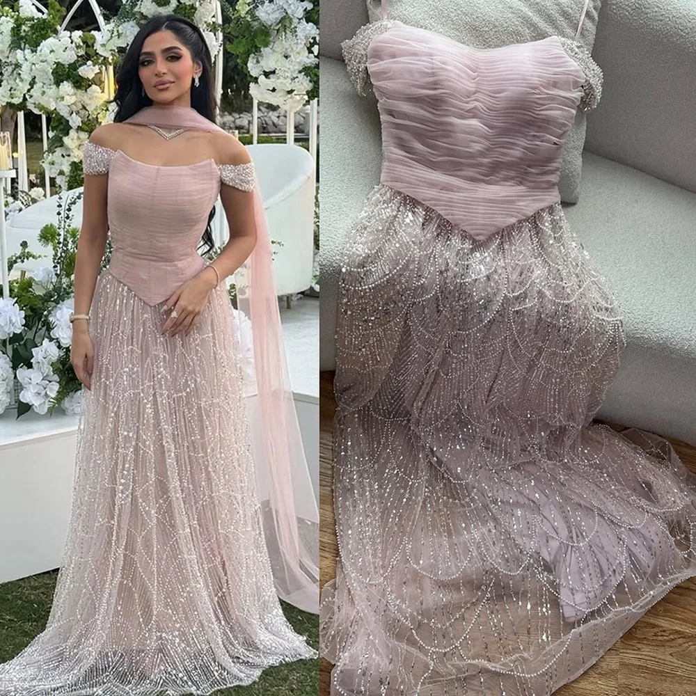 Luxury Arabic Pink Pearls Beaded Evening Dress With Cape - Image 4